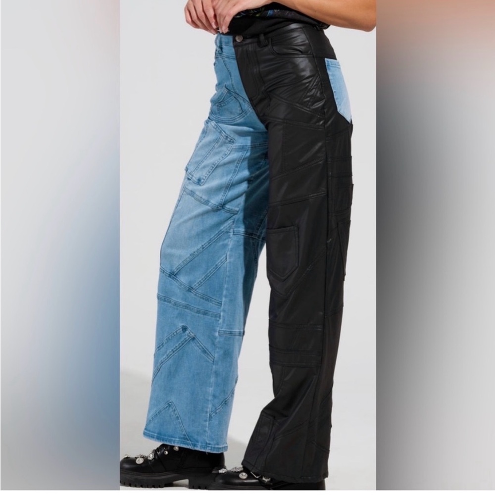 AKIRA Black Faux Leather and Blue Denim Patchwork Straight Leg Jeans - Picture 2 of 5